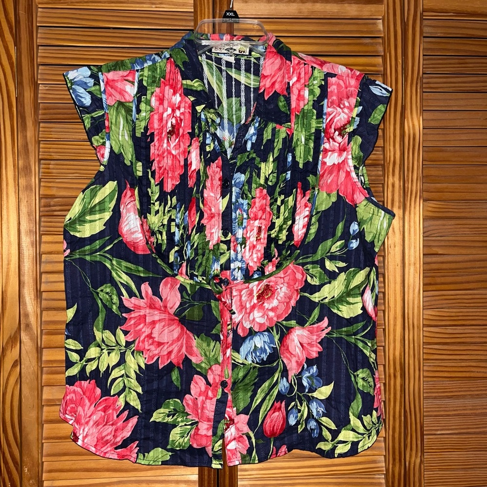 Caribbean Joe Floral Print Button‎ Front Cap Sleeve  Front Tie Top Size PXL